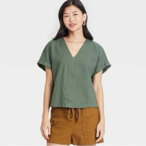 Universal Thread Linen Blend Cuffed Sleeves V-Neck Top - Size XS
